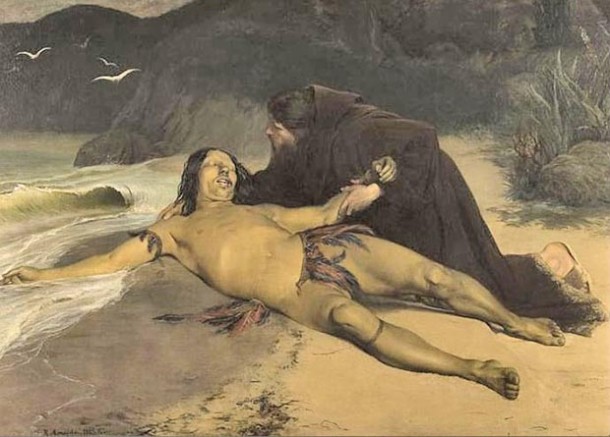 O Último Tamoyo, óleo sobre tela, de Rodolpho Amoêdo, retratando a morte do cacique Aimberê, atendido por um padre  jesuíta. A obra faz parte do acervo do Museu Nacional de Belas Artes
